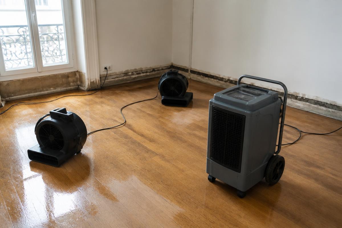 Matériel d’assèchement installé dans un logement après réparation d’une fuite d’eau