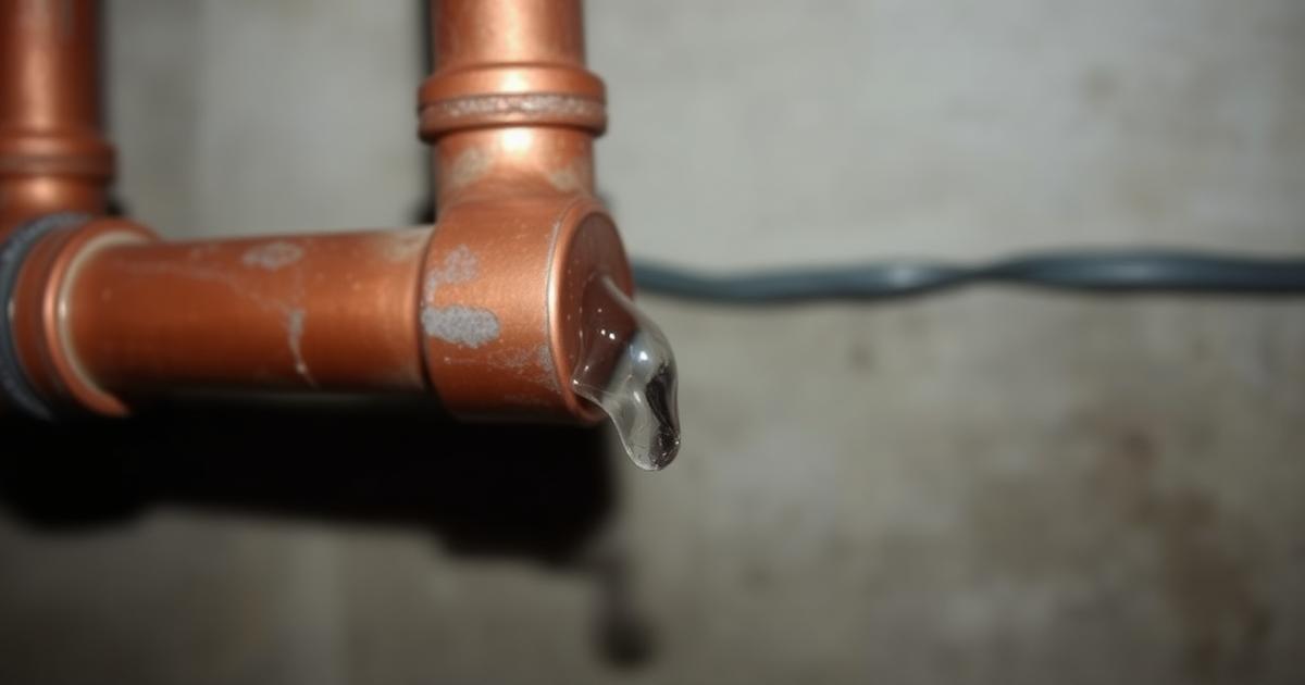 Canalisation en cuivre avec gouttes d'eau au niveau d'un raccord, signe d'une fuite naissante