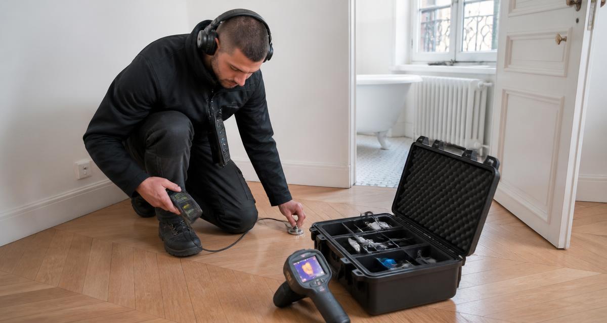 Technicien GIC Détect Fuite réalisant une écoute acoustique au sol lors d'une recherche de fuite