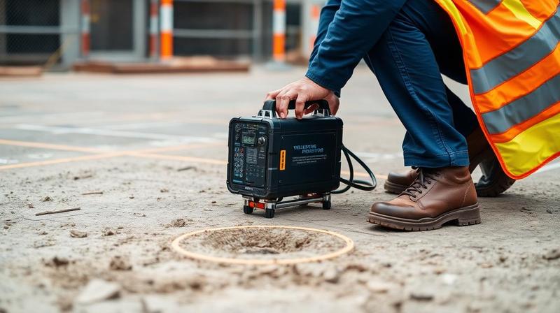 Technicien utilisant un équipement de détection électromagnétique pour localiser des réseaux enterrés