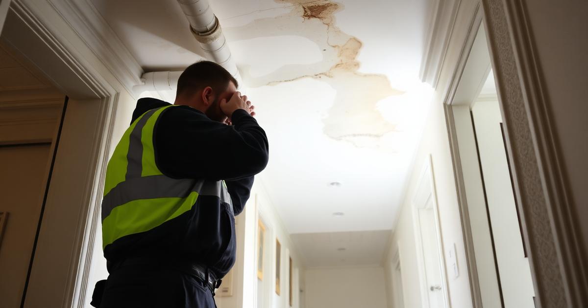 Technicien inspectant une fuite dans le couloir d'une copropriété avec dégâts au plafond