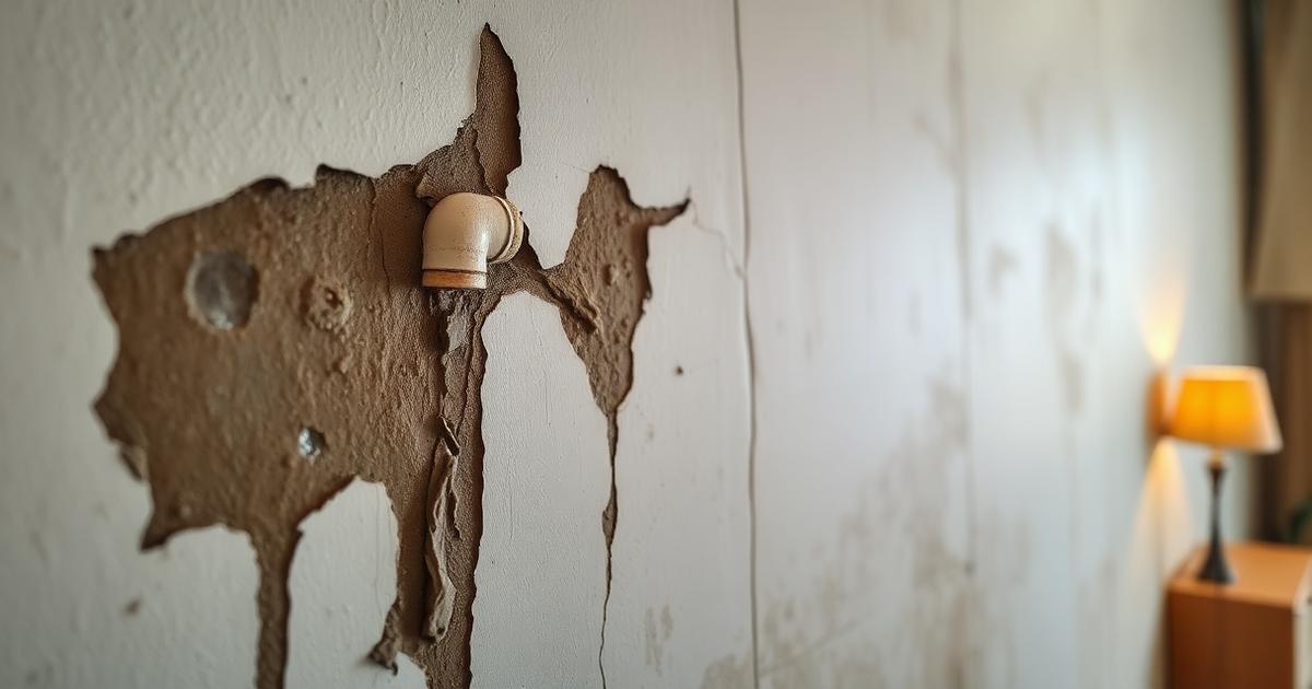 Mur intérieur présentant des traces d'humidité et de décollement de peinture