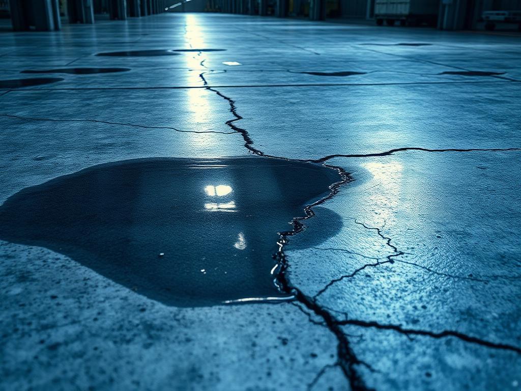 Fissure humide sur une dalle béton dans un local d'activité à Bonneuil-sur-Marne