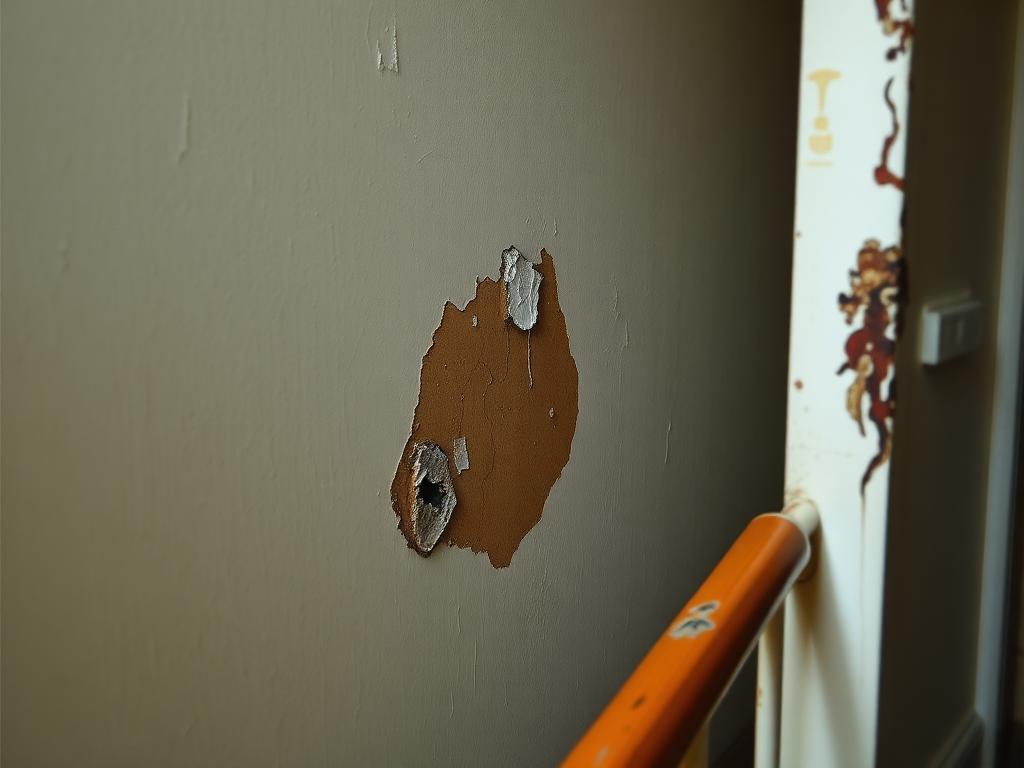 Peinture cloquée par une infiltration dans une cage d'escalier d'immeuble à Cachan