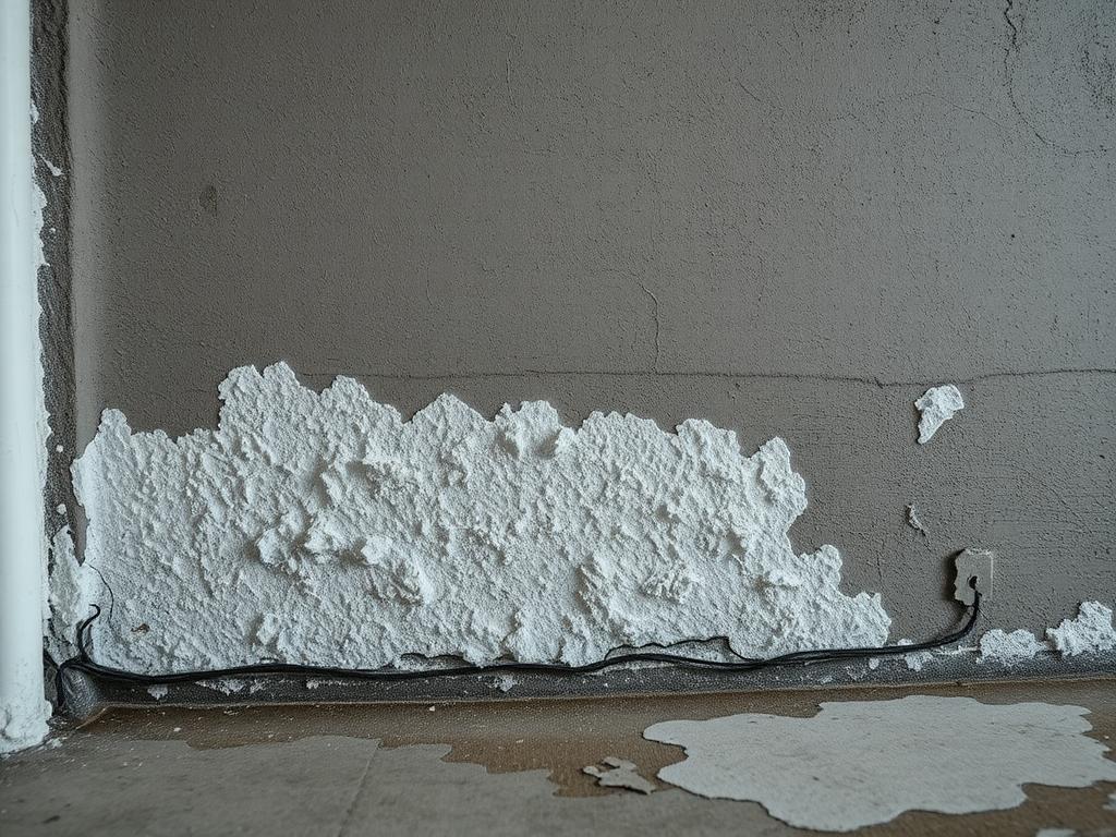 Salpêtre et peinture cloquée en bas d'un mur de sous-sol à Charenton-le-Pont