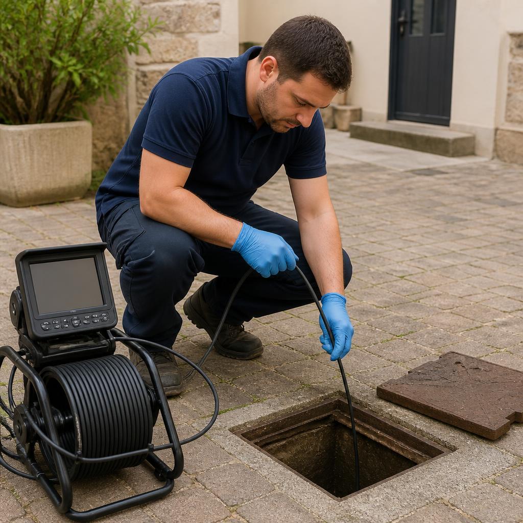 Technicien GIC réalisant une recherche de fuite dans une maison ancienne à Arpajon