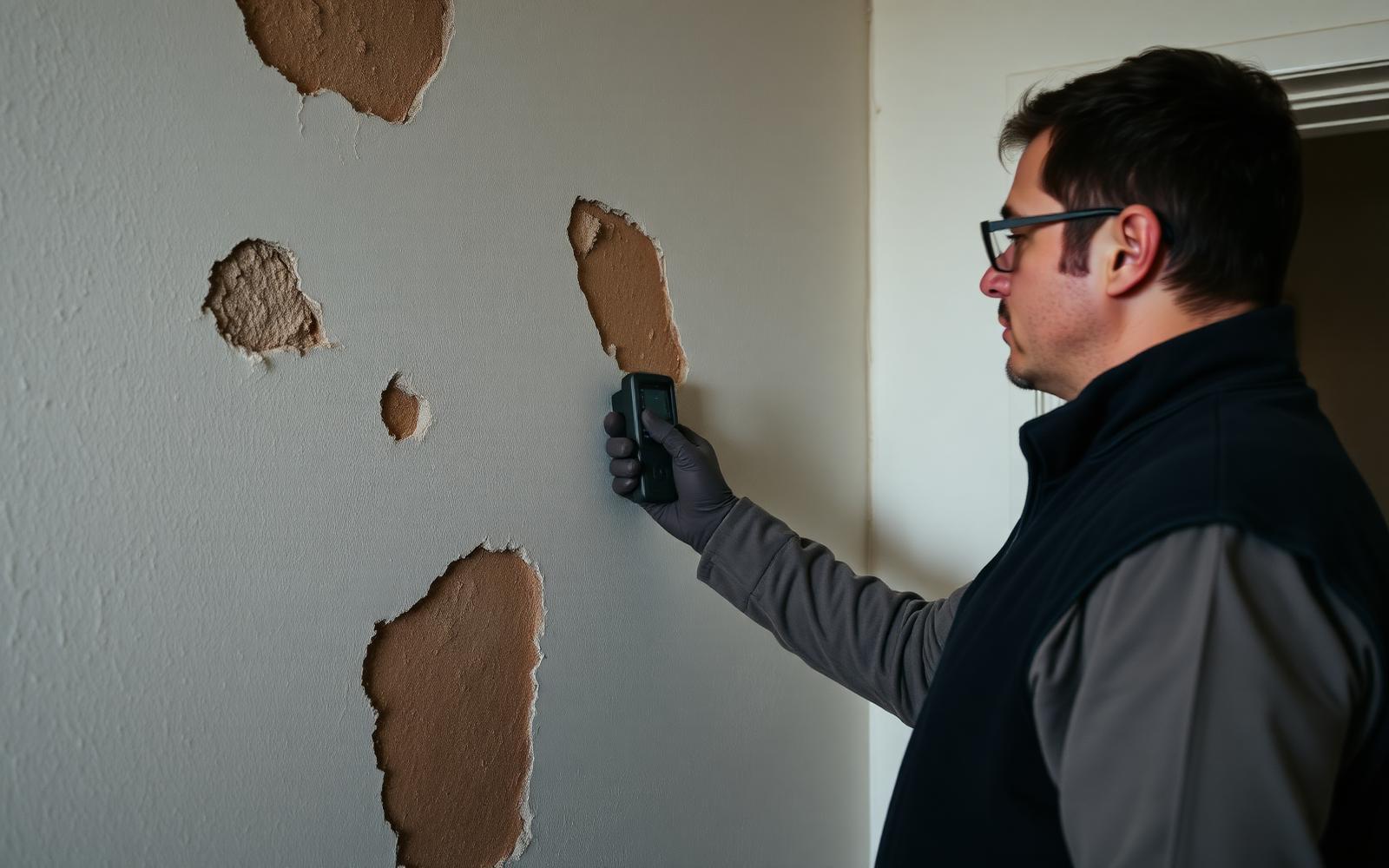 Technicien GIC relevant le taux d'humidité d'un mur intérieur dégradé à Asnières-sur-Seine