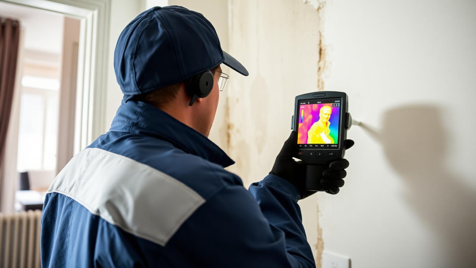 Technicien GIC contrôlant un mur humide à la caméra thermique dans un logement d'Athis-Mons