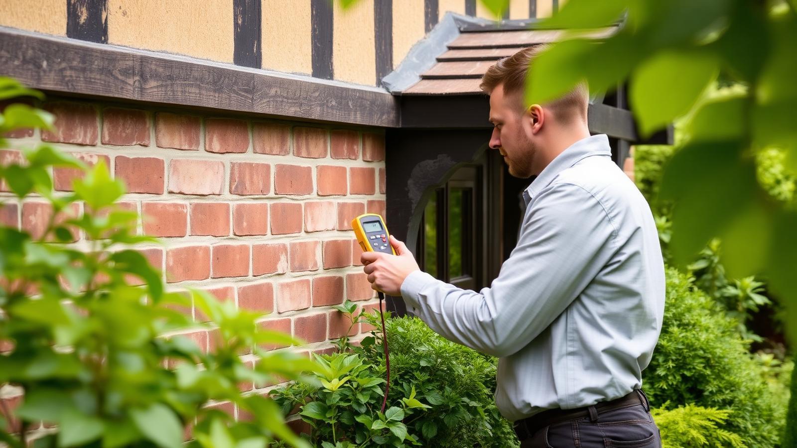 Technicien GIC mesurant l'humidité d'une façade en brique d'une maison d'Aubergenville