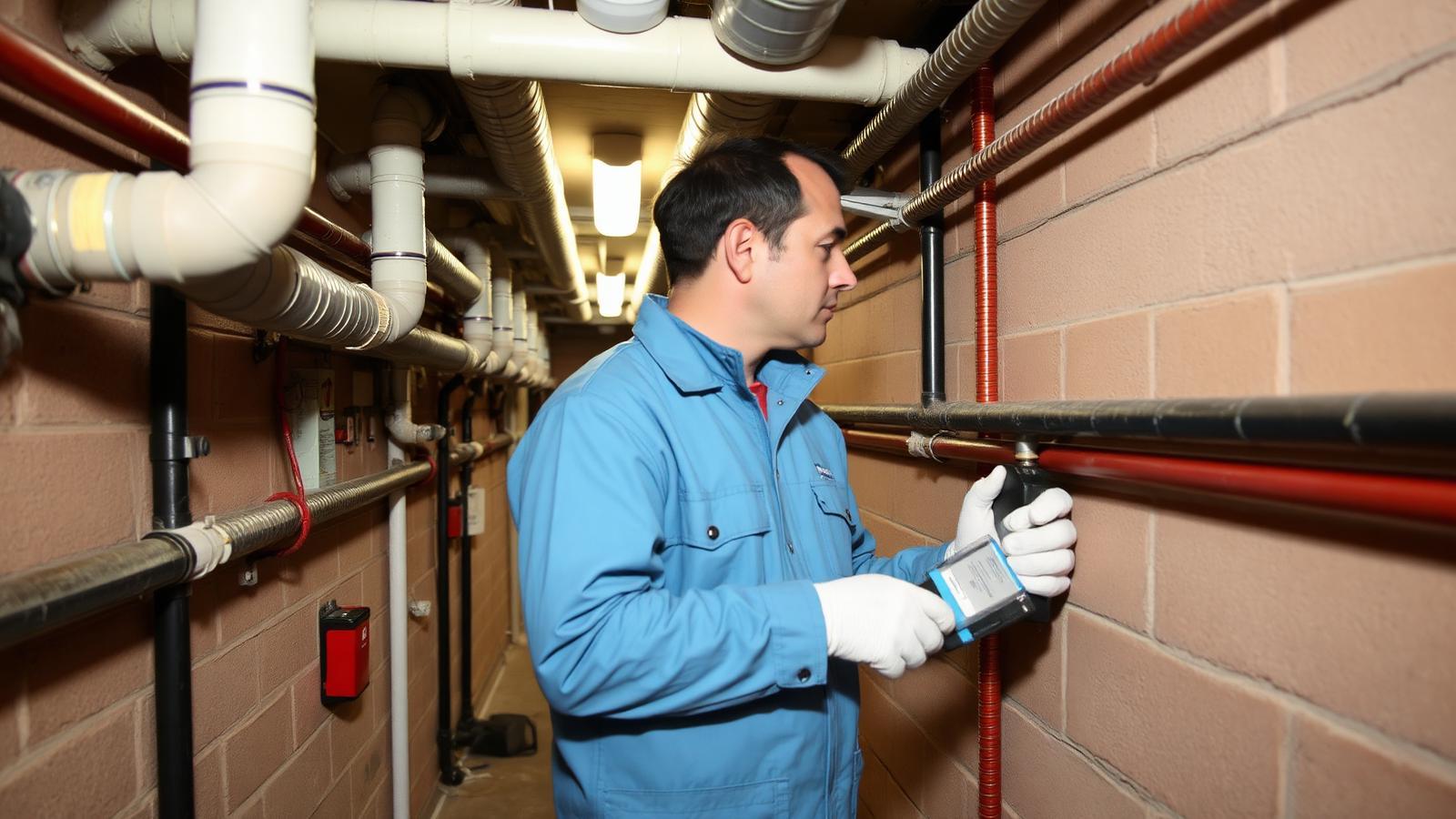 Technicien GIC auscultant un réseau dans le sous-sol technique d'une résidence de Bagneux