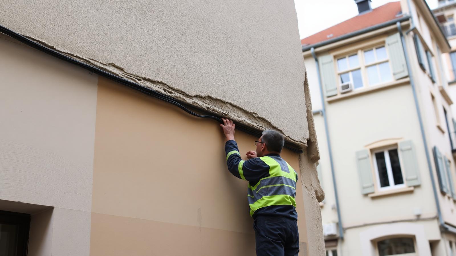 Technicien GIC examinant un mur humide en pied de façade dans une rue de Bagnolet