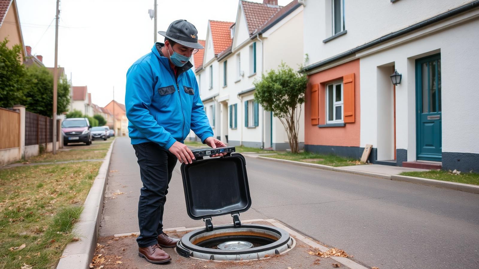 Technicien GIC ouvrant un regard de compteur d'eau dans une rue pavillonnaire de Bois-d'Arcy