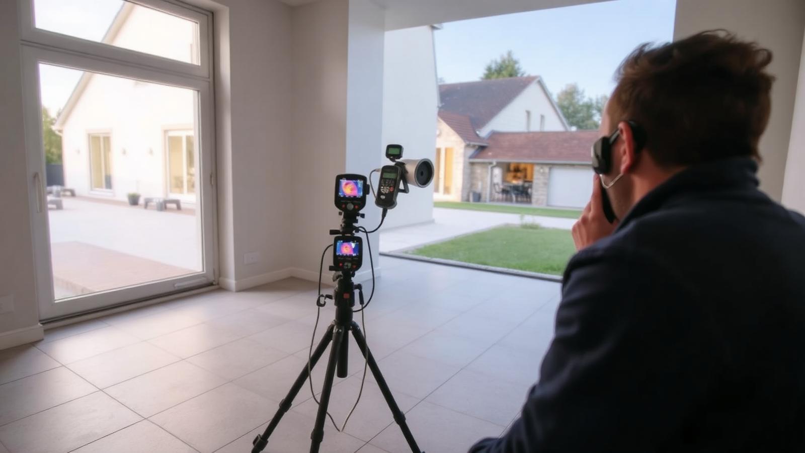 Technicien GIC contrôlant un sol carrelé à la caméra thermique dans une maison récente de Brétigny-sur-Orge