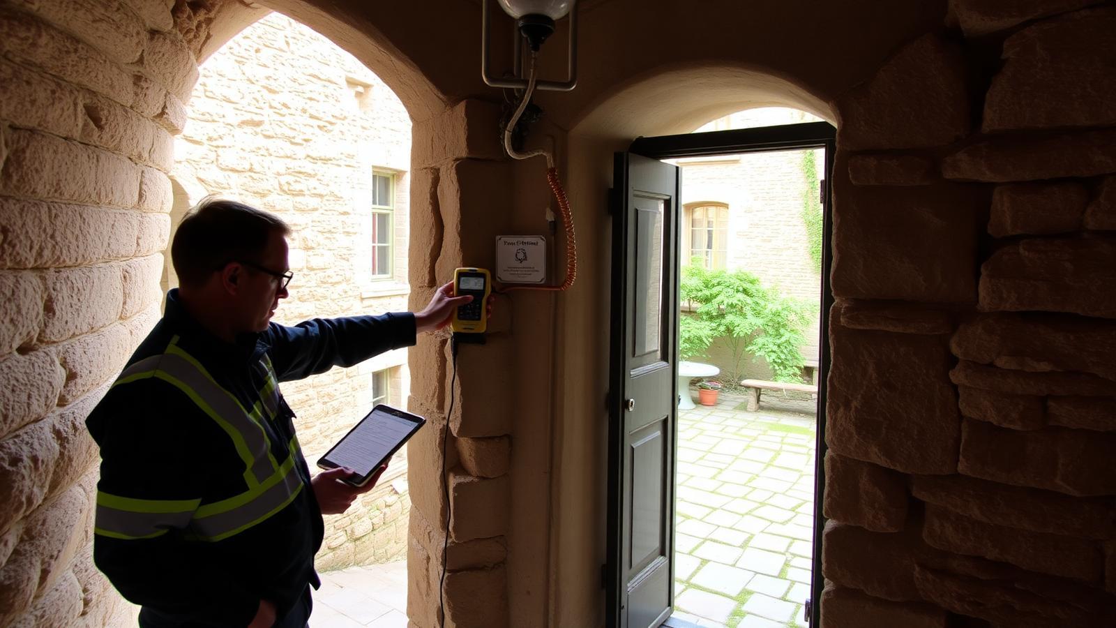 Technicien GIC mesurant l'humidité d'un mur ancien dans le centre de Brie-Comte-Robert