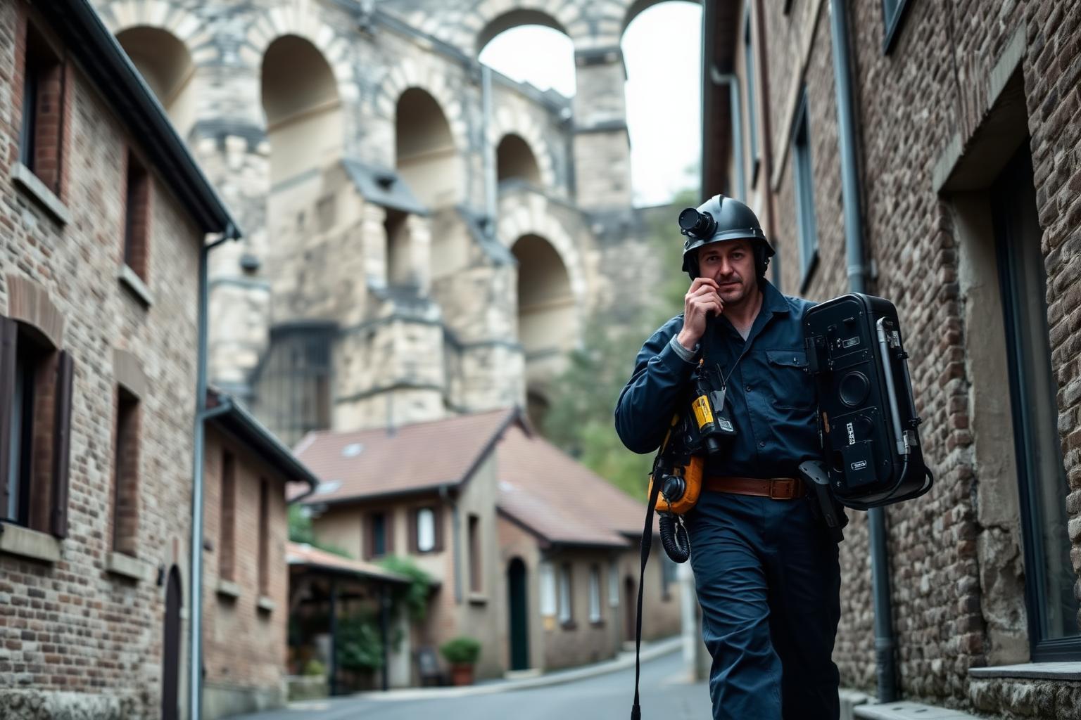 Technicien GIC en intervention dans une rue en pente de Cachan, sous l'aqueduc