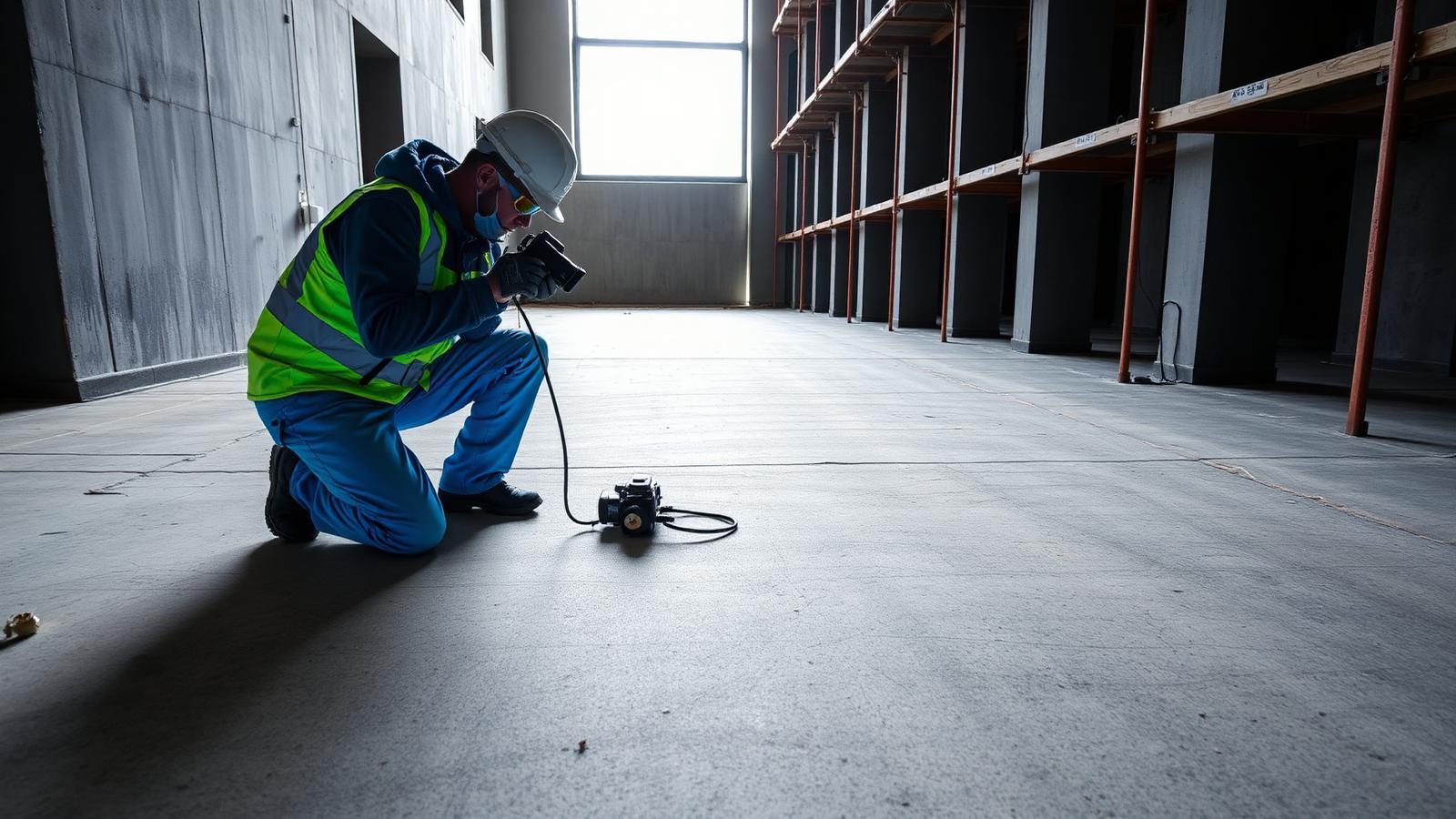 Technicien GIC avec caméra thermique sur une chape béton dans un logement récent de Carrières-sous-Poissy