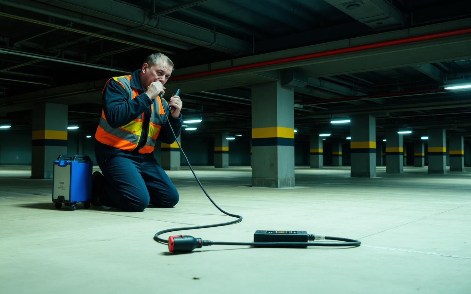 Technicien GIC en écoute acoustique sur une dalle béton d'un parking souterrain à Cergy