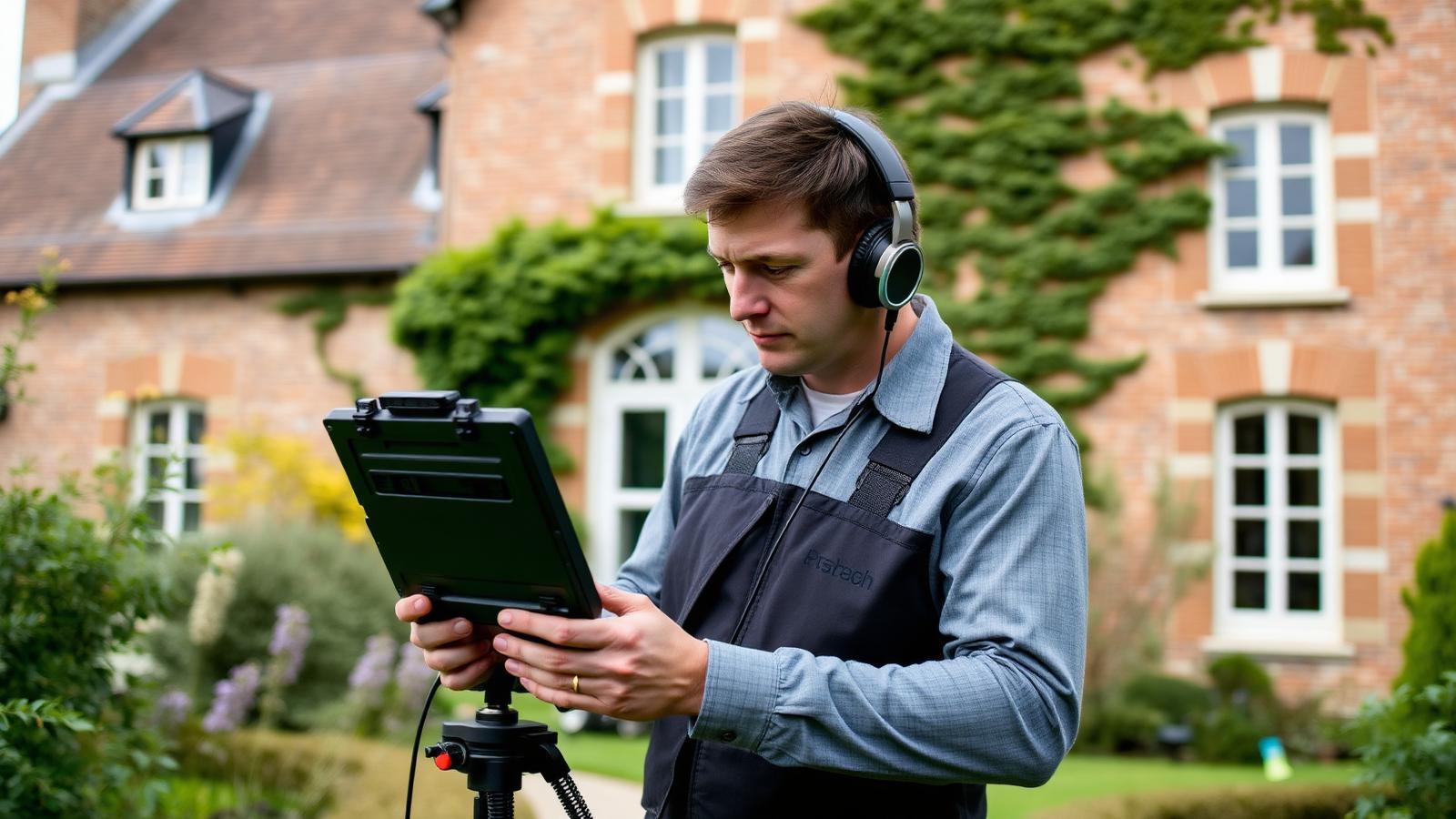 Technicien GIC en écoute acoustique dans le jardin d'une maison bourgeoise à Chatou