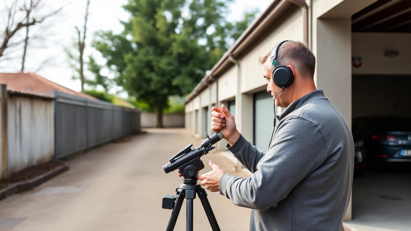 Technicien GIC en écoute acoustique sur l'allée d'un pavillon de Combs-la-Ville
