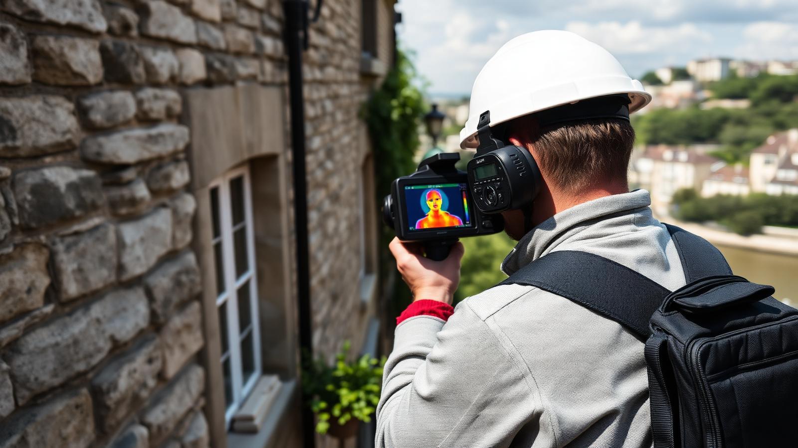 Technicien GIC contrôlant une façade en pierre à la caméra thermique à Conflans-Sainte-Honorine