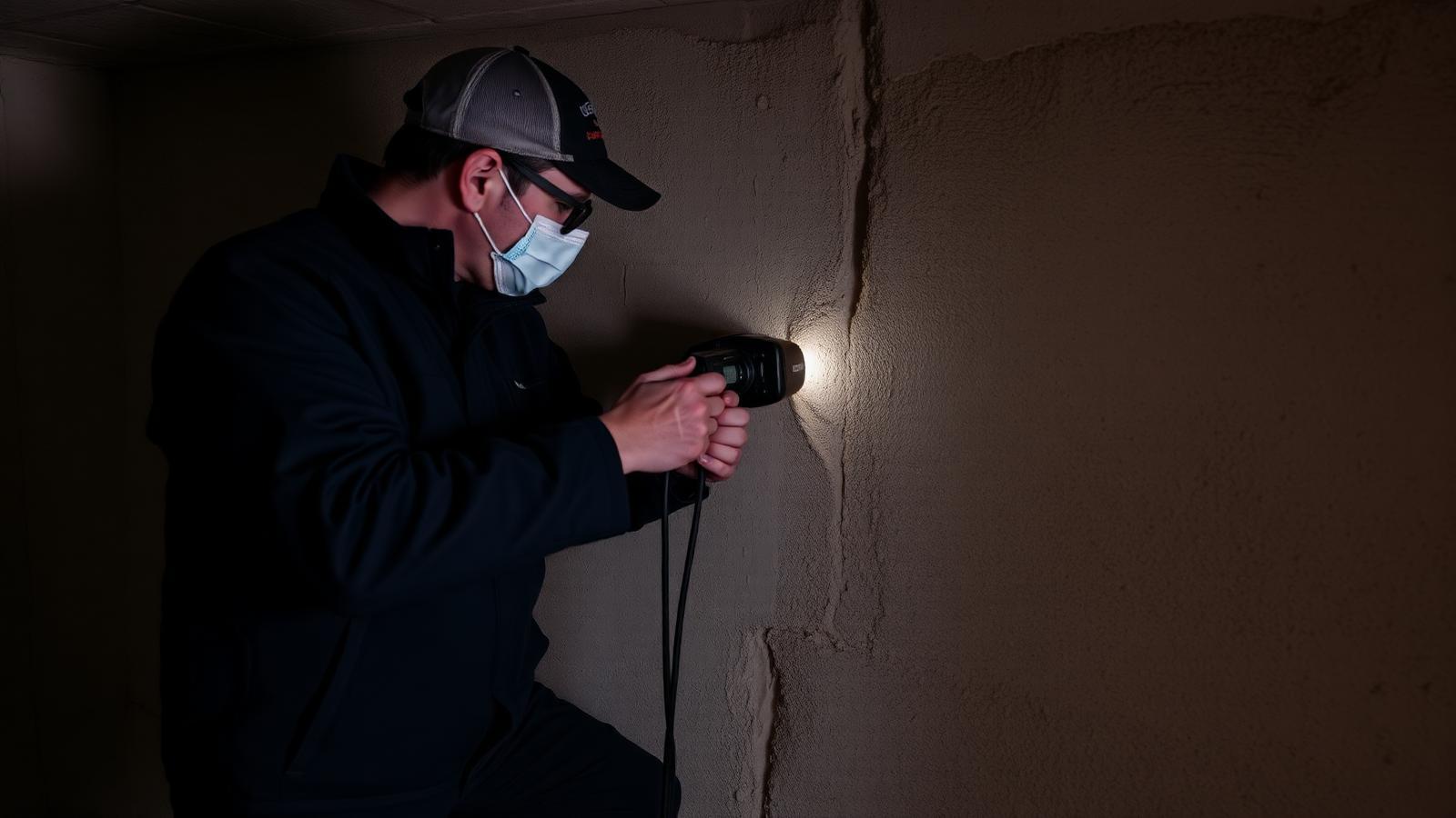 Technicien GIC mesurant l'humidité d'un mur de sous-sol à Courtry