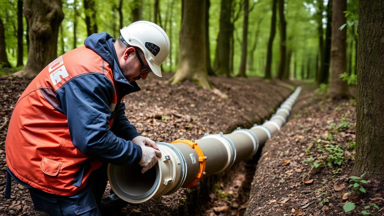Technicien GIC inspectant une canalisation enterrée dans une allée de pavillon en lisière de forêt à Draveil
