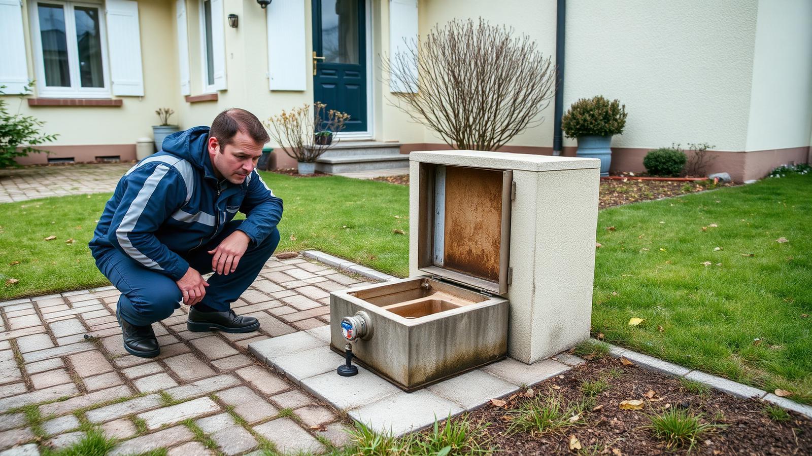 Technicien GIC contrôlant un regard de compteur d'eau devant un pavillon de Dugny