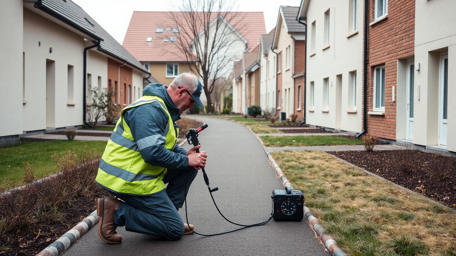 Technicien GIC en écoute acoustique sur une allée entre maisons en bande à Élancourt