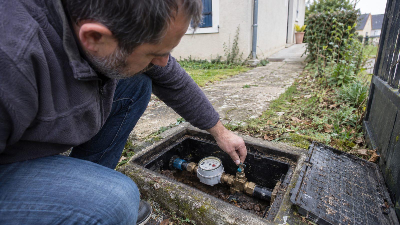 Contrôle d'un compteur d'eau en regard, en limite de propriété, pour situer une fuite avant ou après compteur