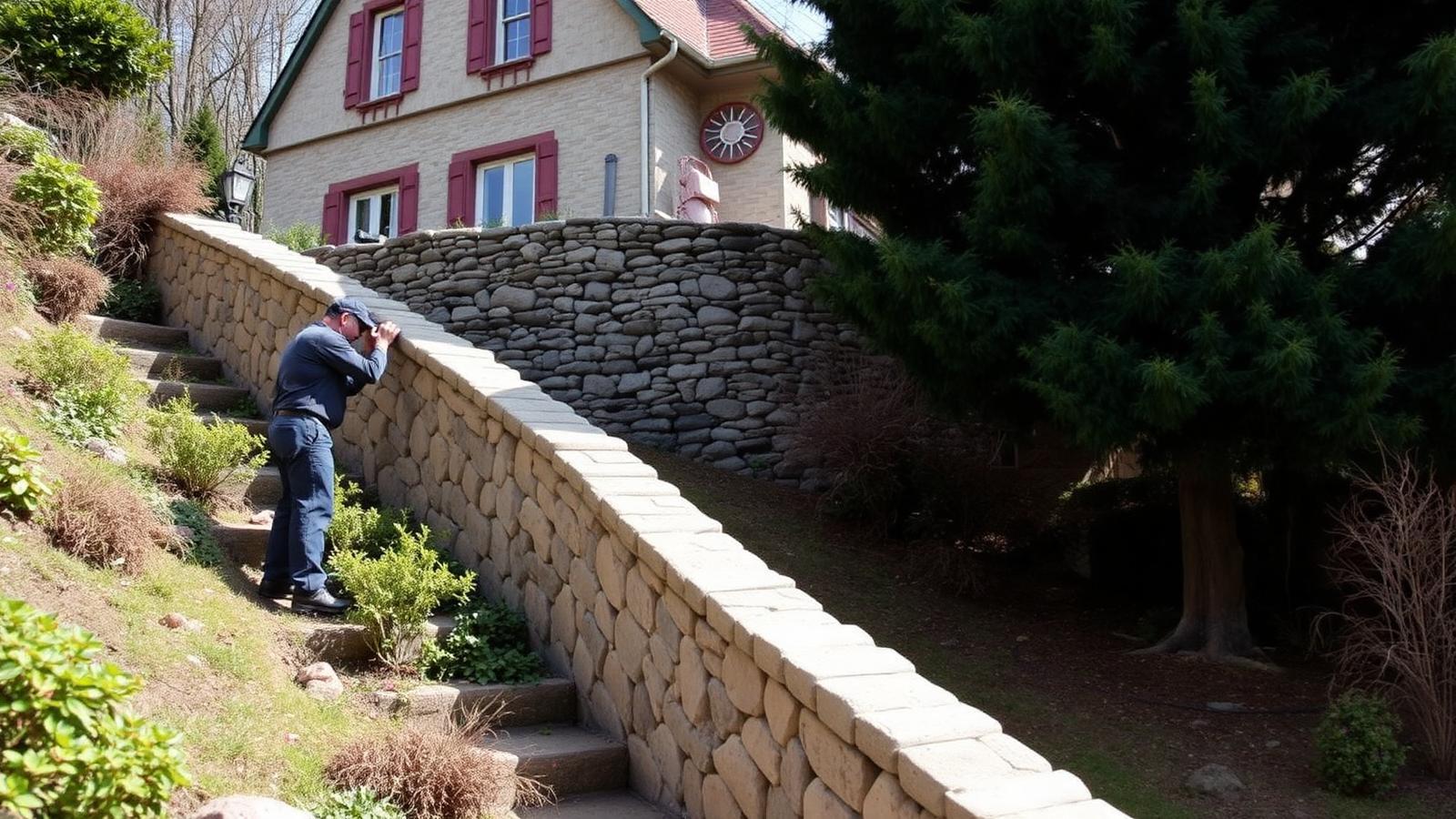 Technicien GIC inspectant le mur de soutènement d'une maison de coteau à Gagny
