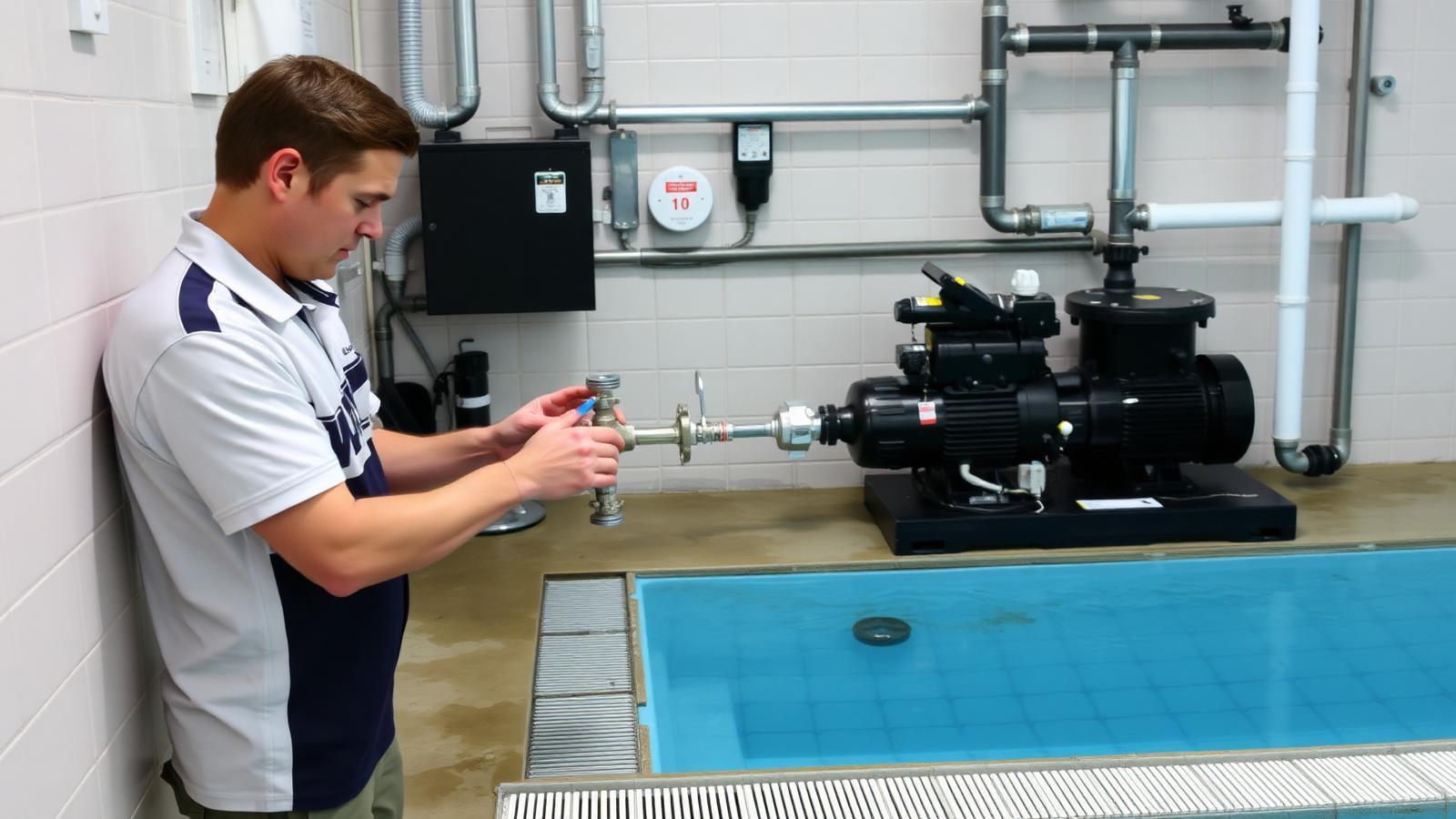 Technicien GIC contrôlant le local technique d'une piscine à Garches