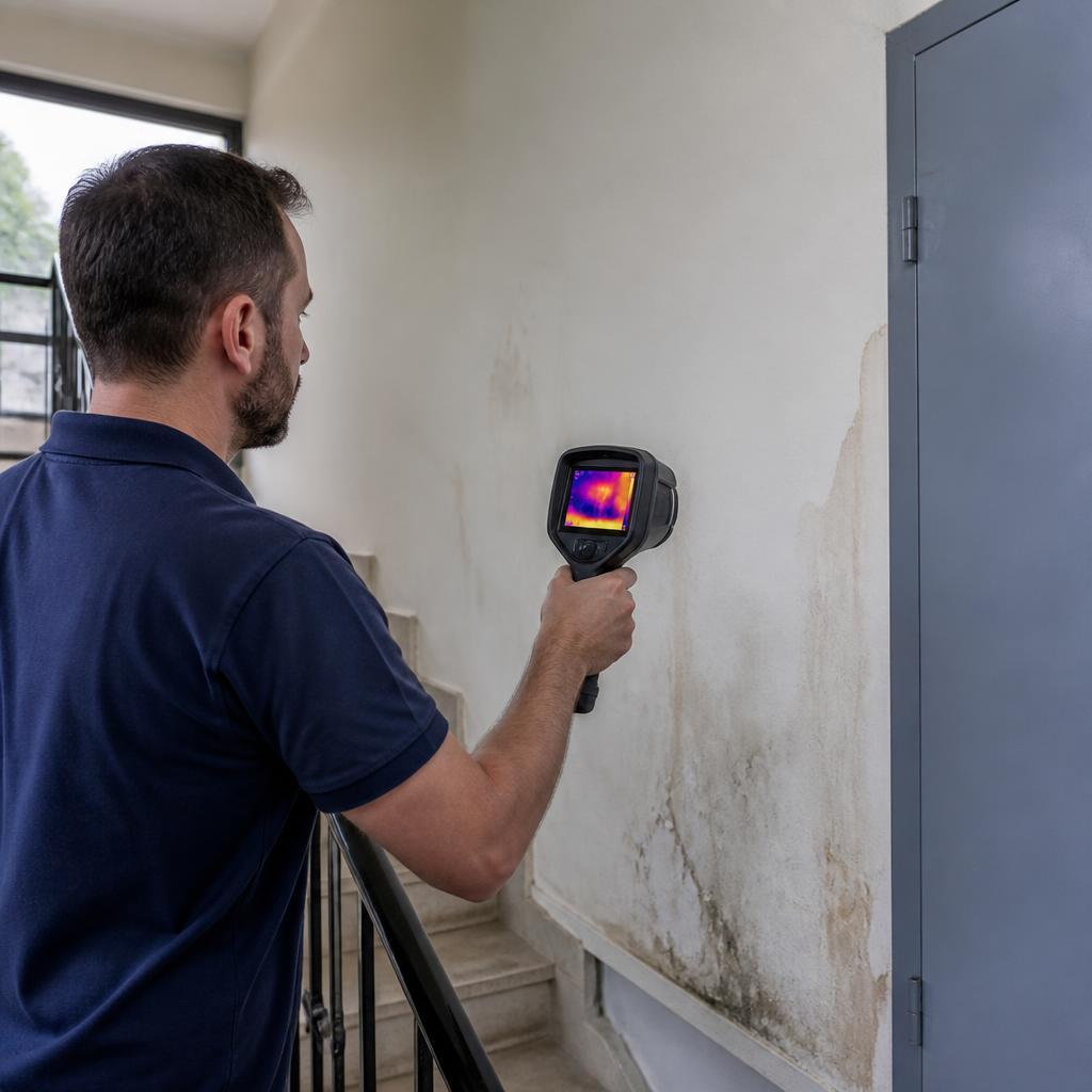 Technicien GIC réalisant une recherche de fuite dans un immeuble de Grigny
