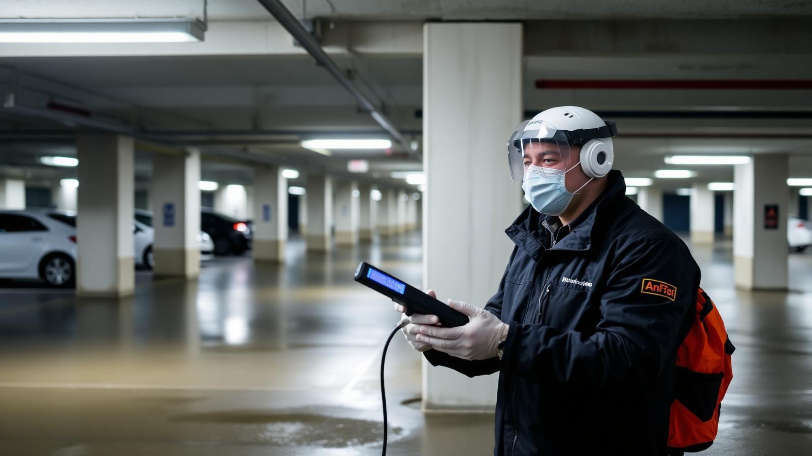 Technicien GIC recherchant une fuite dans le parking enterré d'une résidence de Guyancourt