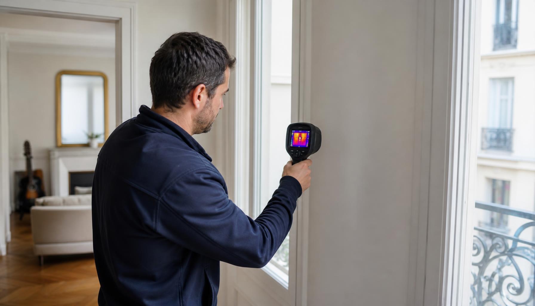 Technicien GIC Détect Fuite en recherche de fuite à la caméra thermique dans un immeuble haussmannien en Île-de-France