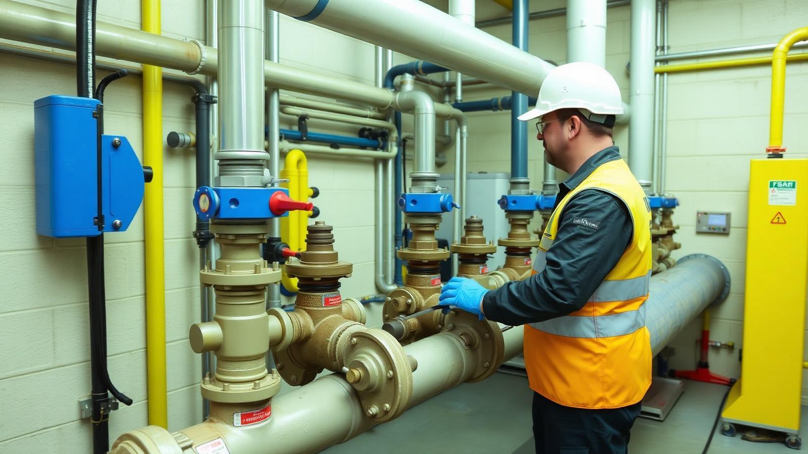 Technicien GIC contrôlant un réseau collectif dans un local technique à La Courneuve
