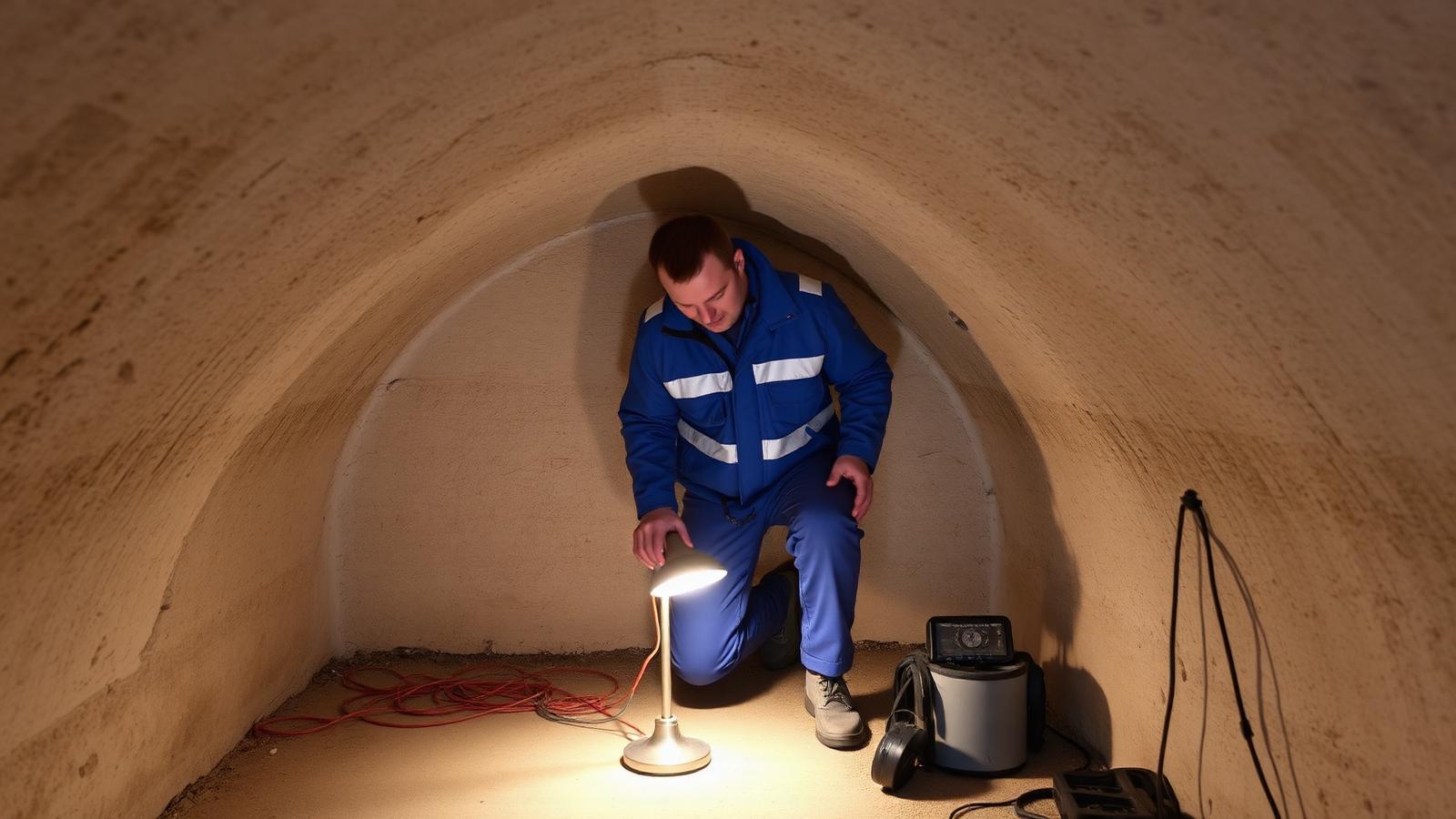 Technicien GIC inspectant une cave voûtée humide à Lagny-sur-Marne