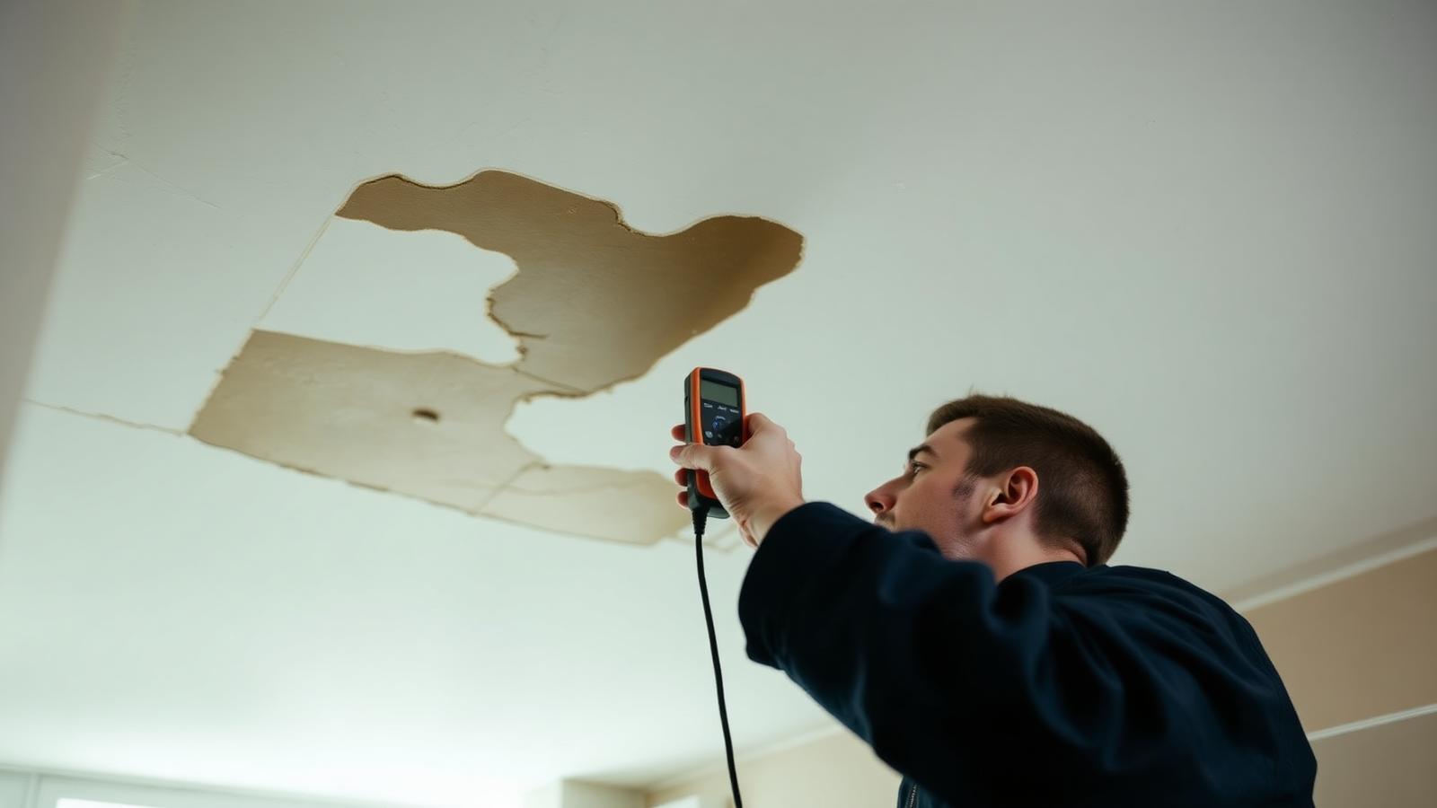 Technicien GIC mesurant l'humidité d'un plafond taché dans un logement du Blanc-Mesnil