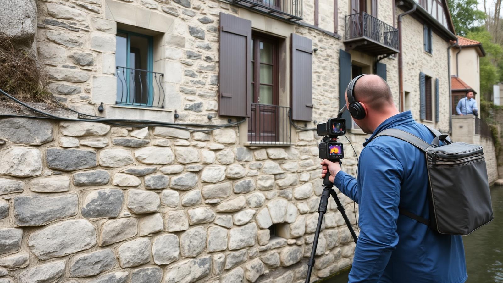 Technicien GIC contrôlant à la caméra thermique le mur en pierre d'une maison de coteau au Pecq