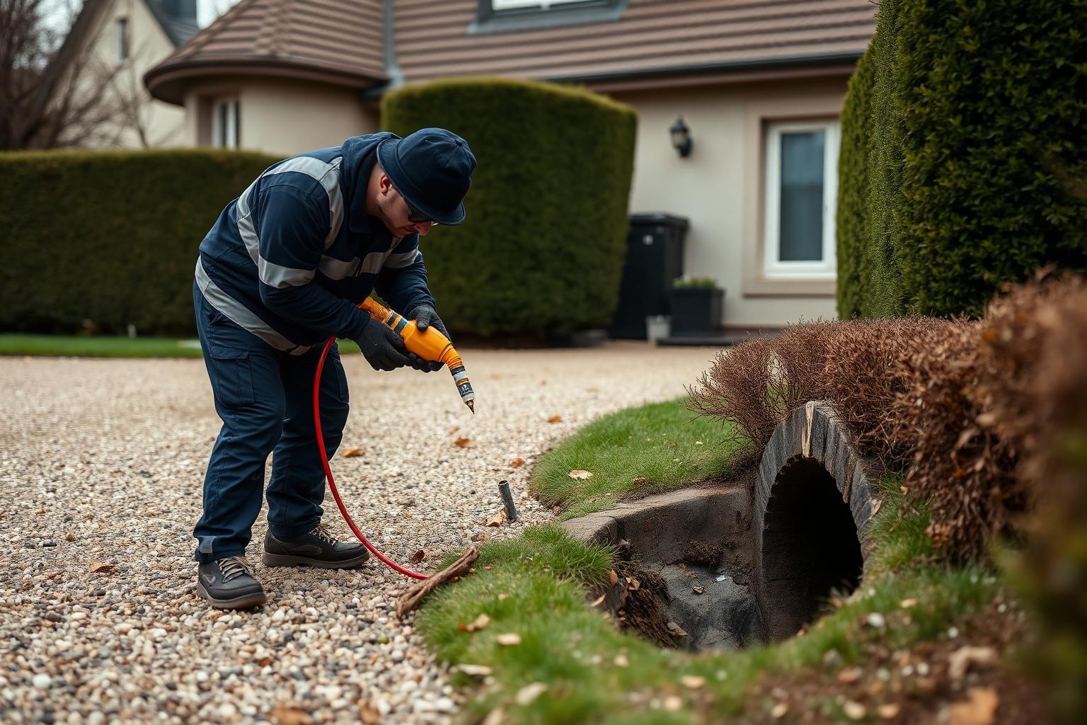 Technicien GIC injectant du gaz traceur sur une allée de maison au Perreux-sur-Marne