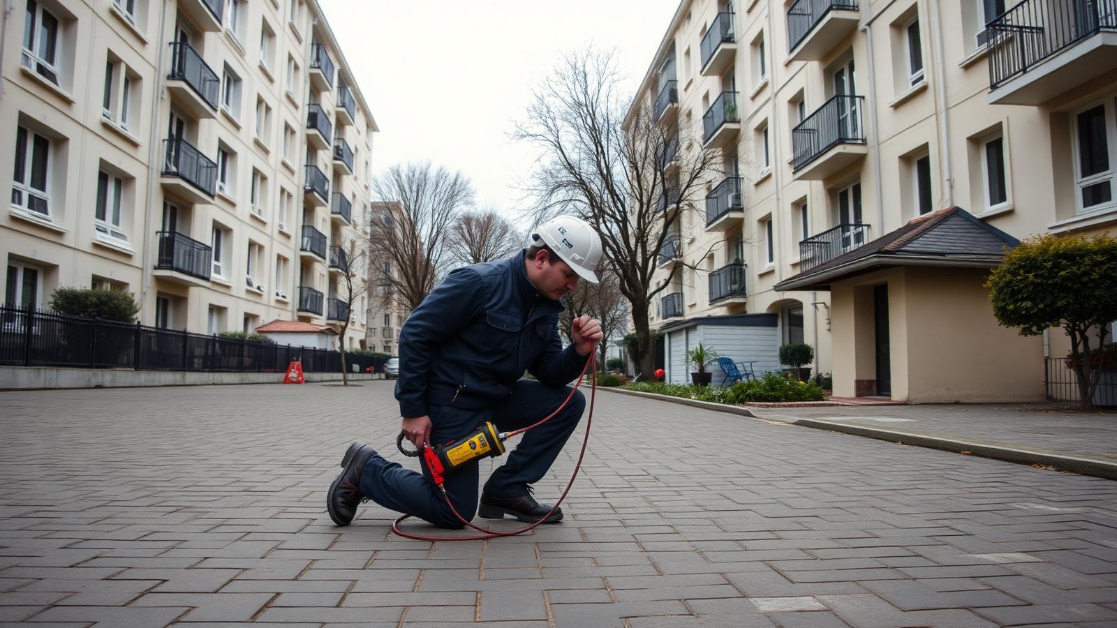 Technicien GIC en recherche de fuite sur une cour de résidence aux Mureaux