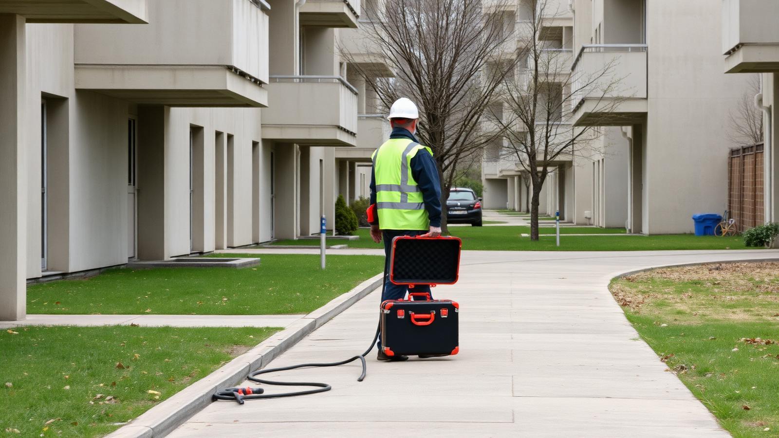 Technicien GIC en intervention de recherche de fuite dans une résidence en béton des Ulis