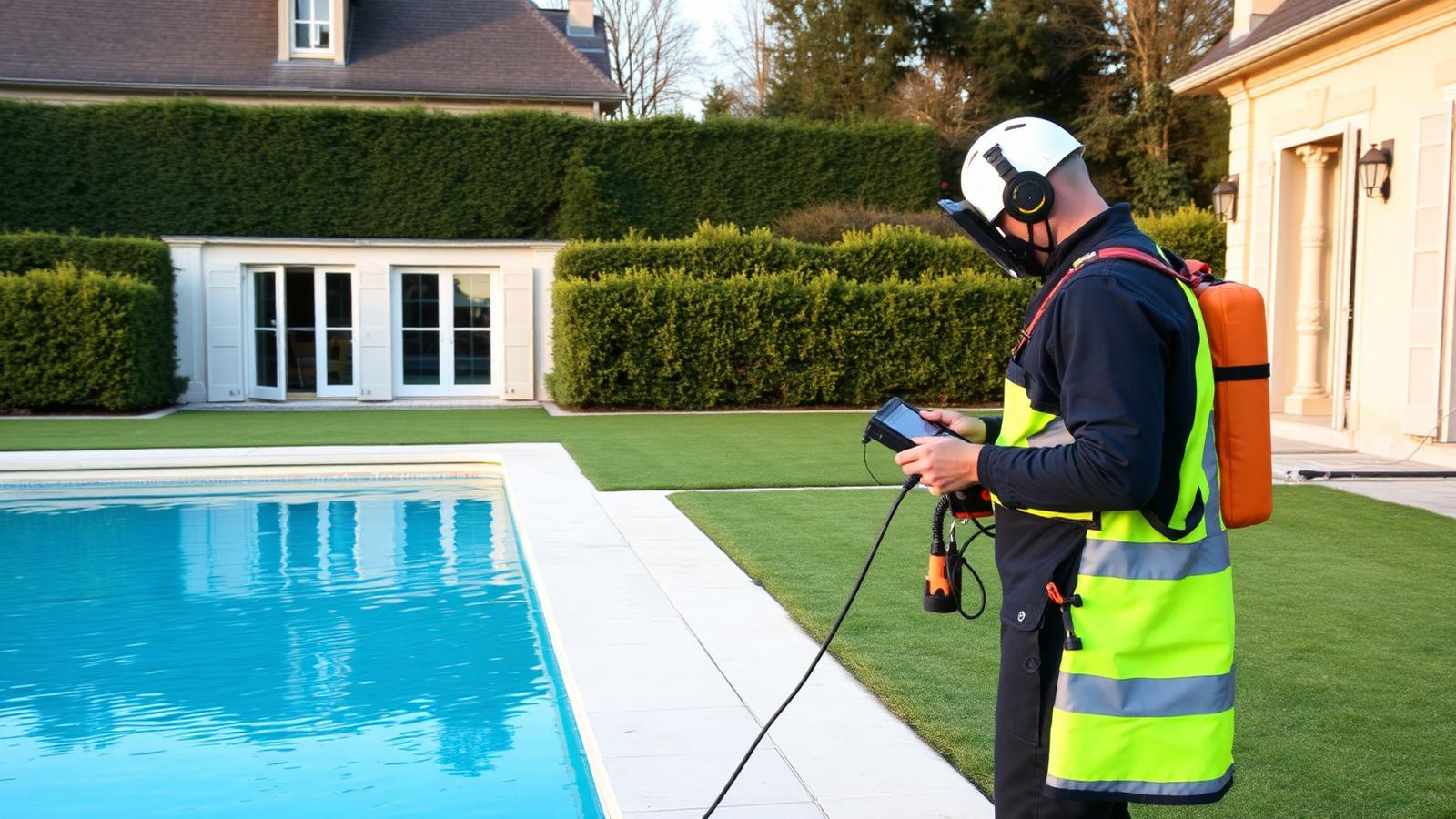 Technicien GIC réalisant une détection au gaz traceur près d'une piscine enterrée à Louveciennes