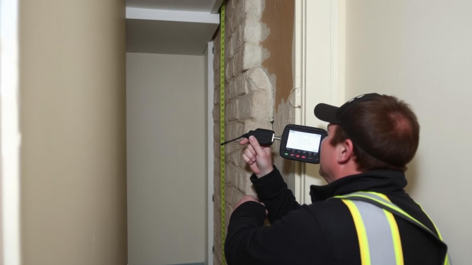 Technicien GIC mesurant l'humidité d'un mur mitoyen dans une maison de Malakoff