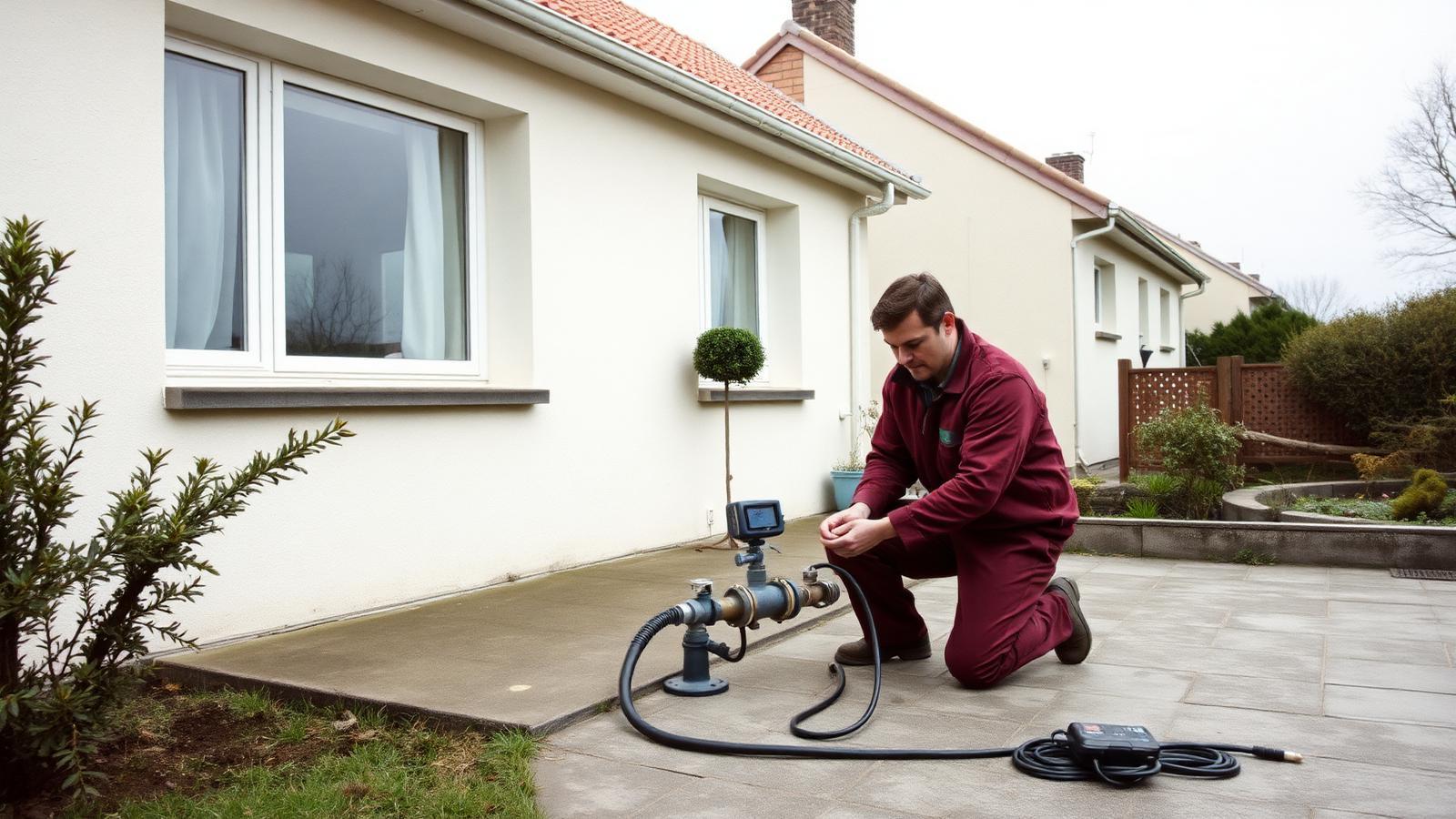 Technicien GIC réalisant un test de pression sur la terrasse d'un pavillon à Maurepas