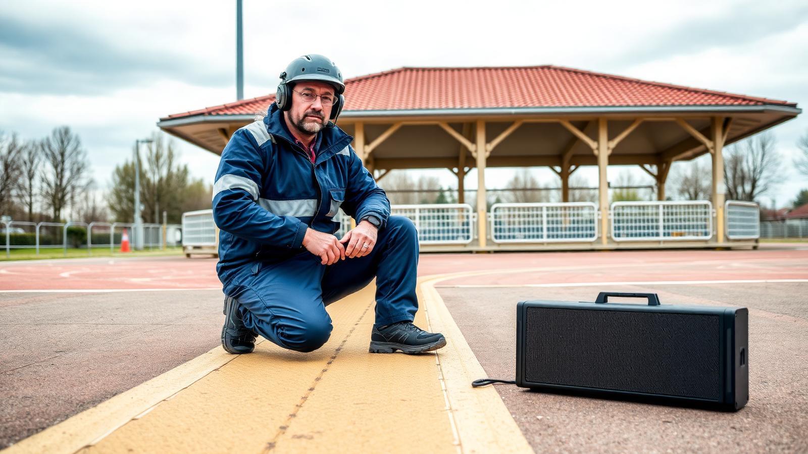 Technicien GIC en écoute acoustique sur le trottoir devant un pavillon de Mitry-Mory