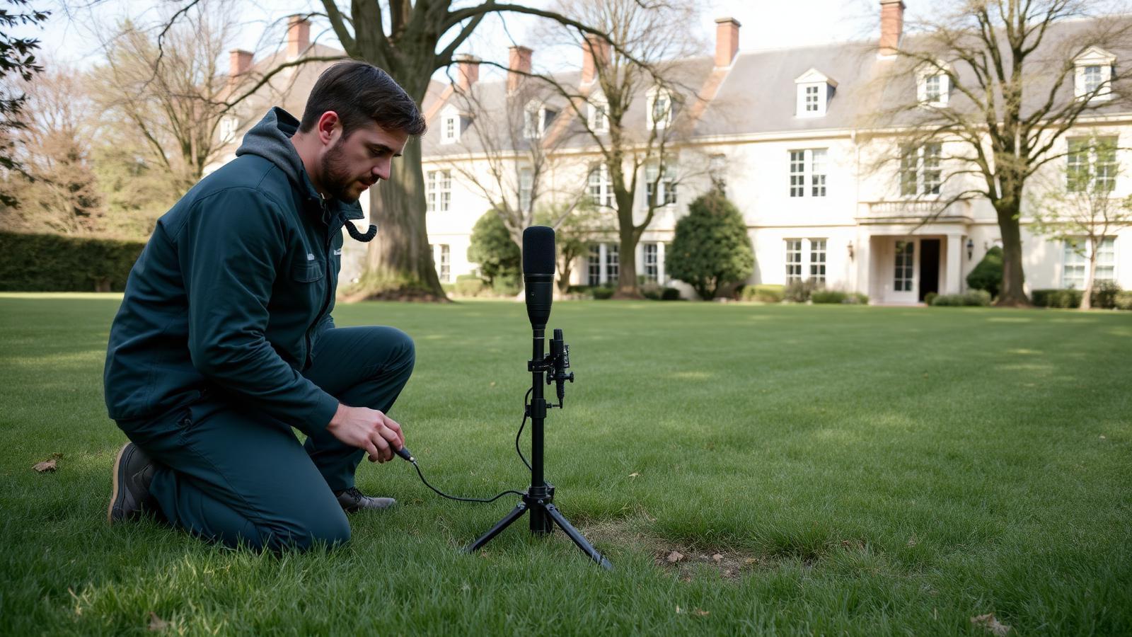 Technicien GIC recherchant une fuite sur un réseau de jardin enterré à Montfermeil