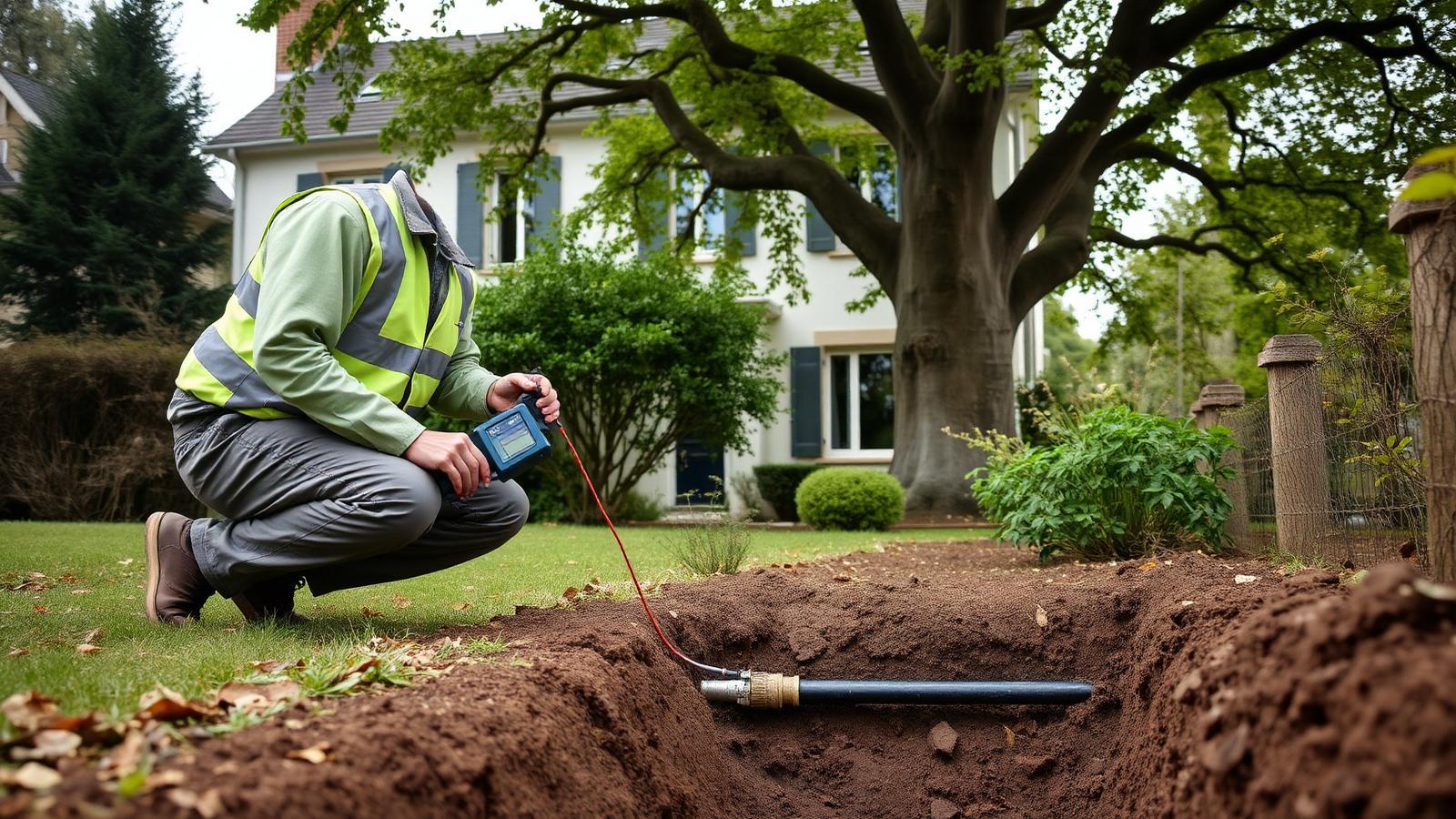 Technicien GIC contrôlant une canalisation enterrée dans le jardin d'une maison ancienne à Montgeron