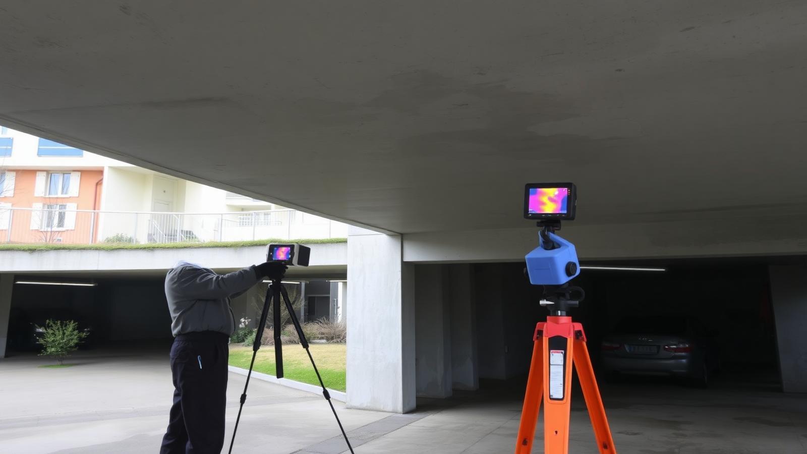 Technicien GIC contrôlant une dalle béton à la caméra thermique à Montigny-le-Bretonneux