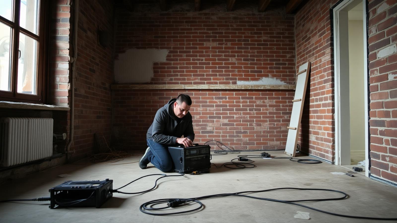 Technicien GIC installant un matériel d'écoute acoustique dans un logement ancien de Montreuil