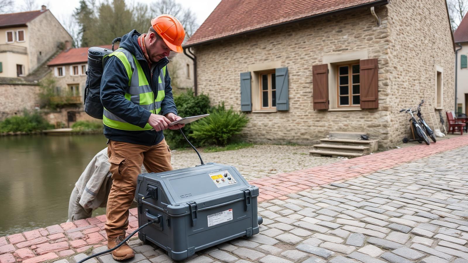 Technicien GIC intervenant devant une maison ancienne en pierre à Nemours